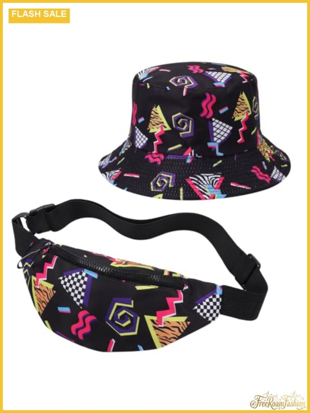 2 Pc Retro 80s 90s Fanny Pack & Bucket Hat Set Polyester Waist Bag Outfit